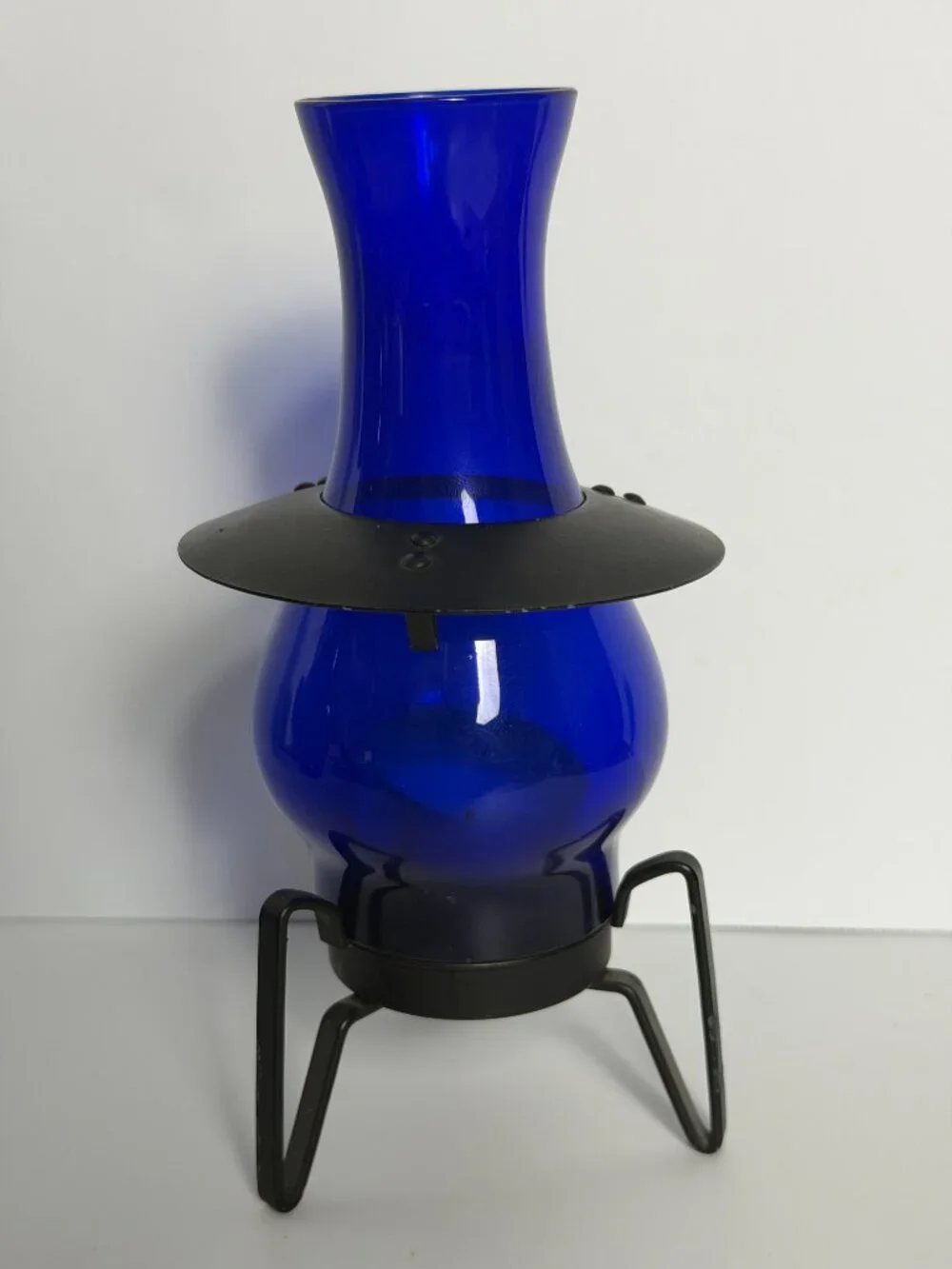 Vintage Cobalt Blue Glass Candle Holder Lantern Black Votive Metal MCM Modernist